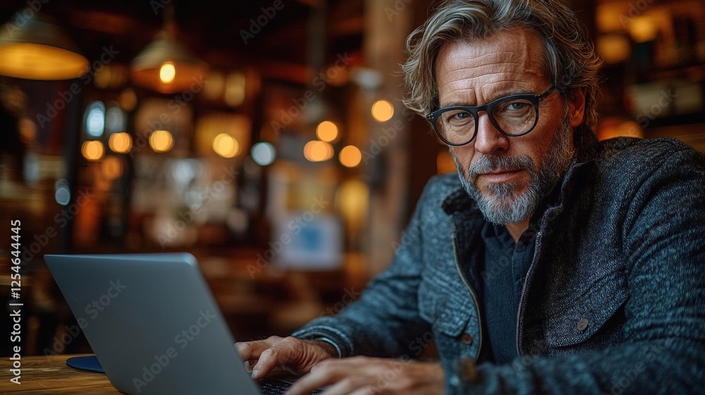 Focused Man Working On Laptop In Cafe Focused Man Working On Laptop In Cafe