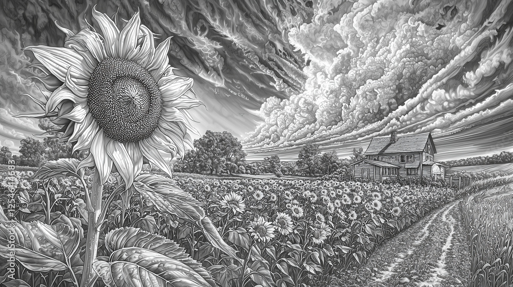 Fototapeta premium Intricate black and white sunflower field with dramatic skies and textured clouds, a stunning artistic landscape illustration 