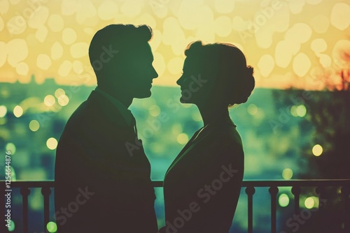 Silhouetted couple romantically gazing at a city nightscape, bathed in warm evening light. photo