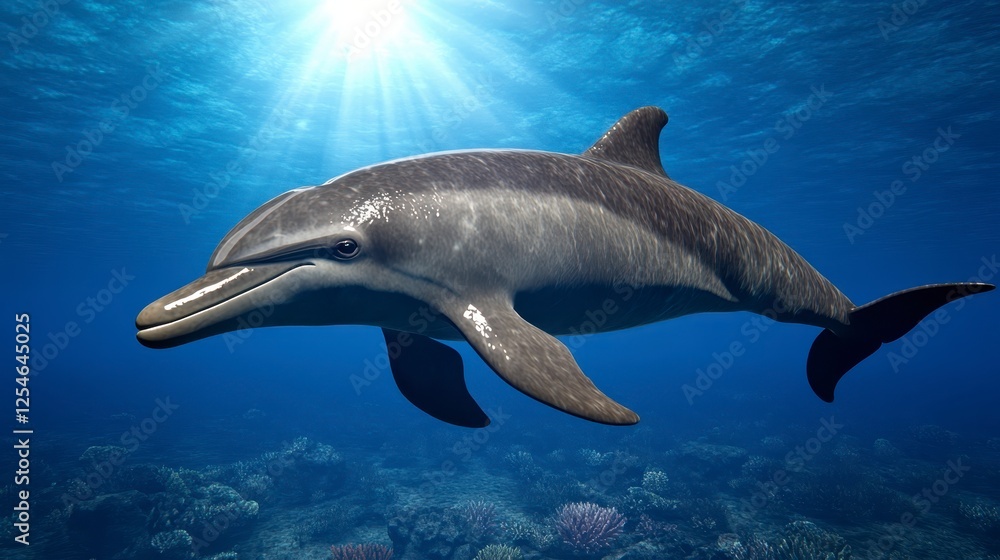 Naklejka premium Underwater view of a marine mammal swimming in the blue ocean, sunbeams highlighting its form, a coral reef visible in the background