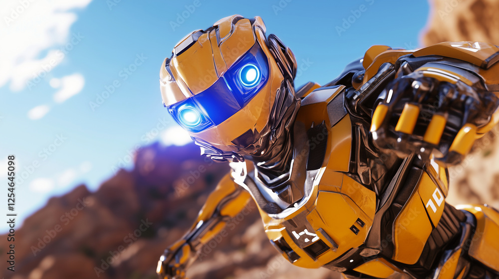 in a vast mountain range, with a bright blue sky overhead. The scene blends the might of technology with the serenity of nature, showcasing the power and precision of the mech agai in a vast mountain range, with a bright blue sky overhead. The scene blends the might of technology with the serenity of nature, showcasing the power and precision of the mech agai