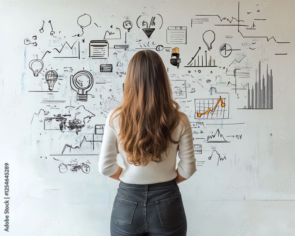 Fototapeta premium Businesswoman thinking about education, career goals, and success concepts displayed on a white wall, showcasing inspiration, professional growth, and personal empowerment