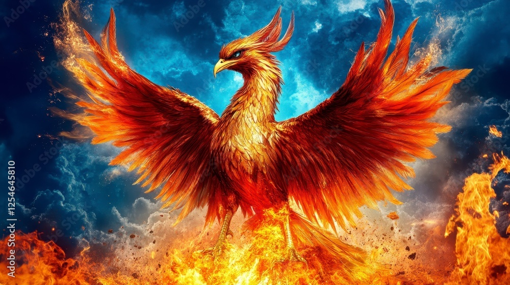 Obraz premium Fiery bird soaring amidst dramatic clouds and flames, vibrant colors, digital art style, powerful and mythical creature, dynamic action, abstract