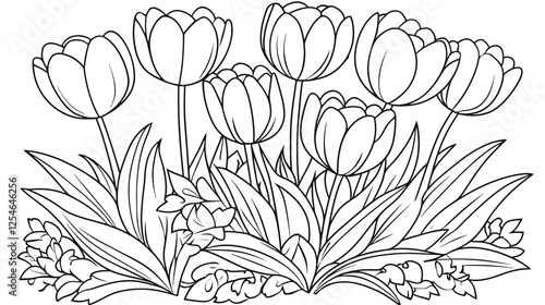 Beautiful tulip line art illustration in bloom, perfect for coloring pages, minimalist design, and artistic decoration
