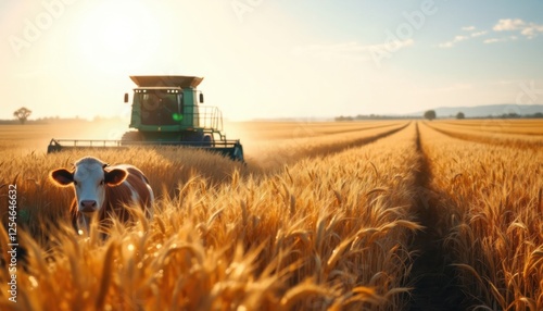 Combine harvester in wheat field with cow at sunset
