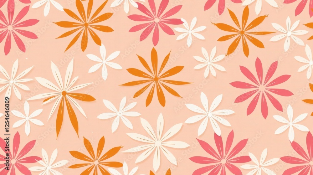 Peach Background with Abstract Floral Design Featuring Orange, Pink, and White Flowers in a Seamless Pattern Peach Background with Abstract Floral Design Featuring Orange, Pink, and White Flowers in a Seamless Pattern