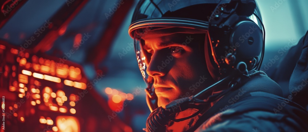 A focused pilot, framed by warm cockpit lights, exudes determination and readiness against the backdrop of a high-tech aviation environment. A focused pilot, framed by warm cockpit lights, exudes determination and readiness against the backdrop of a high-tech aviation environment.