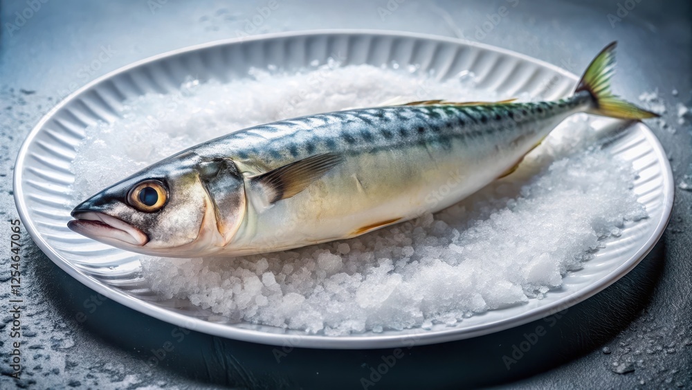 Close-up of a freshly frozen mackerel fish on a white plate, illuminated by soft studio lighting Close-up of a freshly frozen mackerel fish on a white plate, illuminated by soft studio lighting