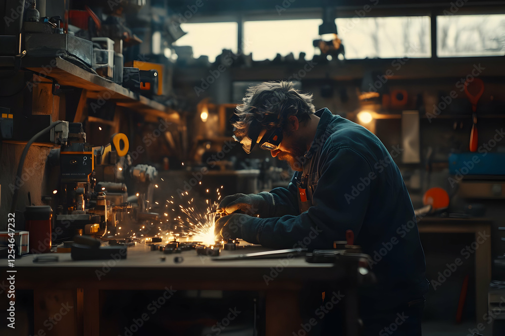Craftsman welding metal in workshop Craftsman welding metal in workshop