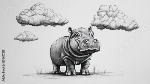 Cartoon hippo under fluffy clouds photo