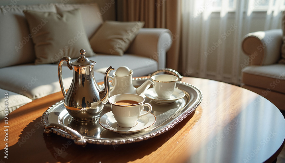 Elegant silver tea set arranged on tray, cozy living room setting, warm ambiance Elegant silver tea set arranged on tray, cozy living room setting, warm ambiance