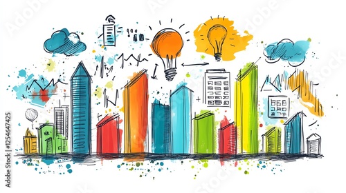 Handdrawn doodles of business charts, growth graphs, and idea planning sketches on a white background, illustrating innovation, strategy, and organizational development