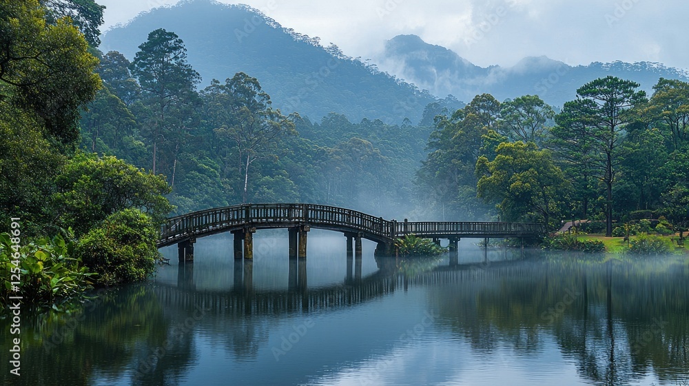 Serene wooden bridge over misty lake surrounded by lush green mountains and trees Serene wooden bridge over misty lake surrounded by lush green mountains and trees