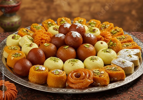These colorful and delicious Indian sweets, presented on an ornate silver platter, are a perfect embodiment of Indian hospitality and festive cheer