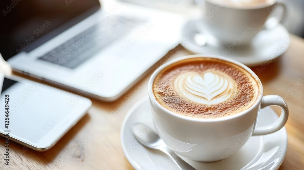 Latte art in coffee cup on table with laptop and phone. Latte art in coffee cup on table with laptop and phone.