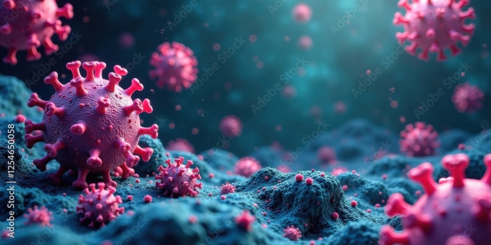 Microscopic View of Viral Particles on a Cellular Surface A Detailed Representation of Pathogenic Agents Microscopic View of Viral Particles on a Cellular Surface A Detailed Representation of Pathogenic Agents