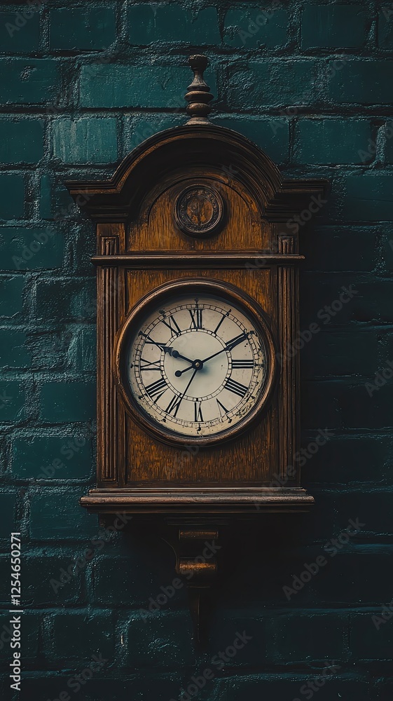 Fototapeta premium Antique wooden clock on dark wall.