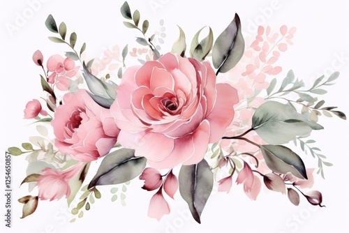 Beautiful Watercolor Floral Illustration Featuring Soft Pink Roses and Green Leaves in Elegant Design for Home Decor or Stationery Use