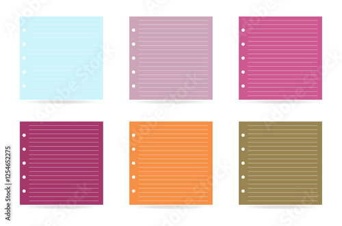 Set of square paper reminders, realistic stickers with striped markings. Vector illustration on isolated white background with shadows, trendy colors