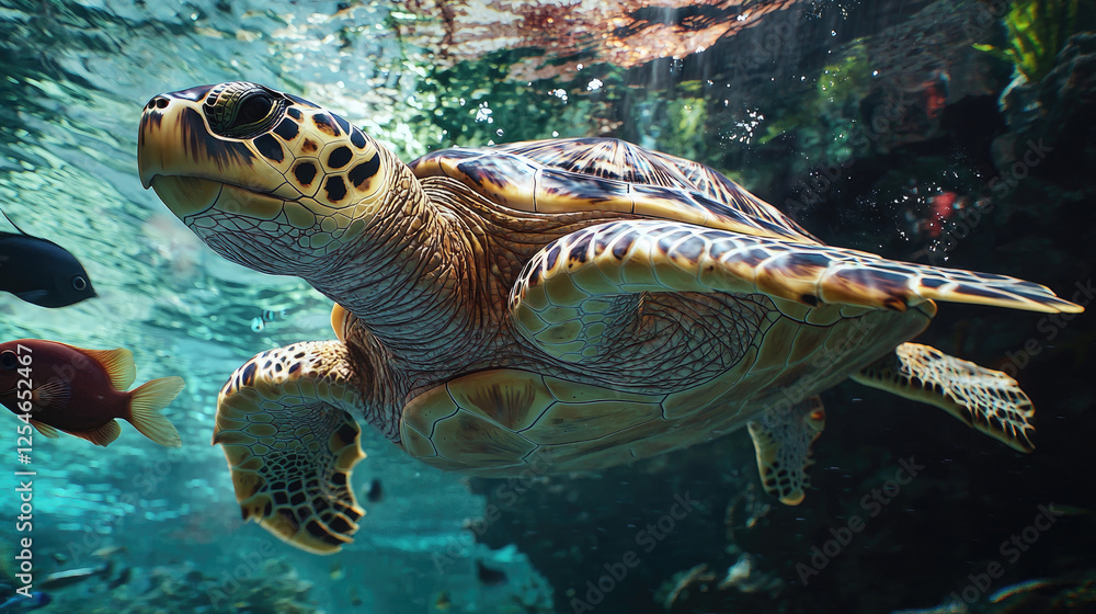 Fototapeta premium A graceful sea turtle gliding through crystal-clear waters surrounded by colorful fish