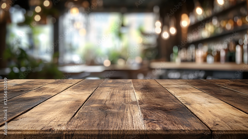 Rustic wooden table top with blurred bar and restaurant background for product placement Rustic wooden table top with blurred bar and restaurant background for product placement