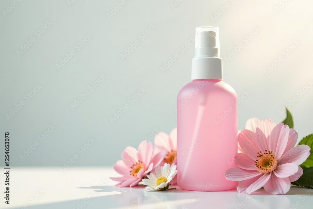Soft white background with pastel pink mist bottle and flowers, soft focus, flowers, peaceful ambiance Soft white background with pastel pink mist bottle and flowers, soft focus, flowers, peaceful ambiance