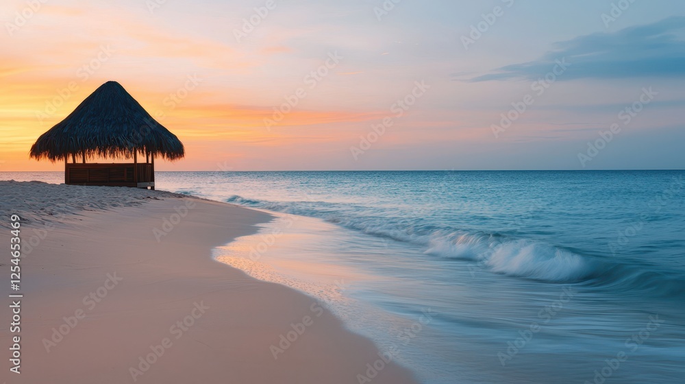 A serene beach scene at sunset, featuring a thatched-roof hut, gentle waves, and a colorful sky reflecting tranquility and relaxation. A serene beach scene at sunset, featuring a thatched-roof hut, gentle waves, and a colorful sky reflecting tranquility and relaxation.