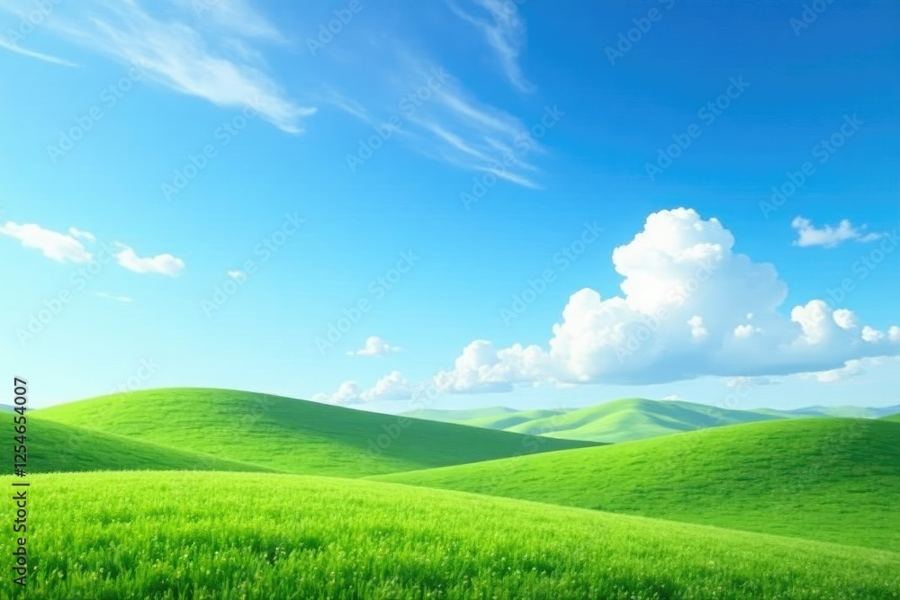 Fototapeta premium Soft wispy clouds drift across a brilliant blue sky with gentle rounded hills in the distance, blue sky, rolling hills, soft clouds