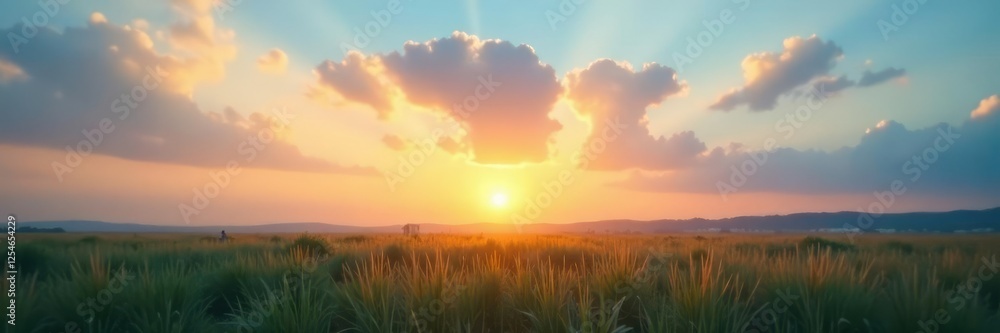 Soft yellow light fades into blue sky at dawn, soft focus, peaceful atmosphere Soft yellow light fades into blue sky at dawn, soft focus, peaceful atmosphere