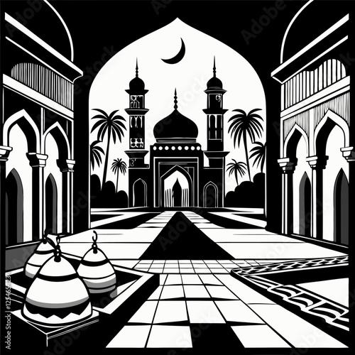 A black and white vector silhouette of a mosque courtyard with prayer mats visible."