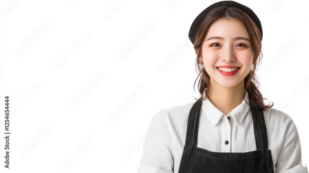 A woman wearing a black apron and a black hat is smiling A woman wearing a black apron and a black hat is smiling