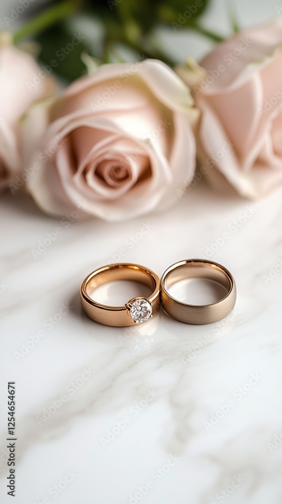 Gold and Silver Wedding Rings with Diamond on Marble Surface and Soft Pink Roses Background Gold and Silver Wedding Rings with Diamond on Marble Surface and Soft Pink Roses Background