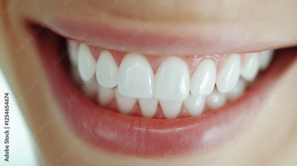 Fototapeta premium Close-up of healthy teeth with a bright white smile and pink lips detail