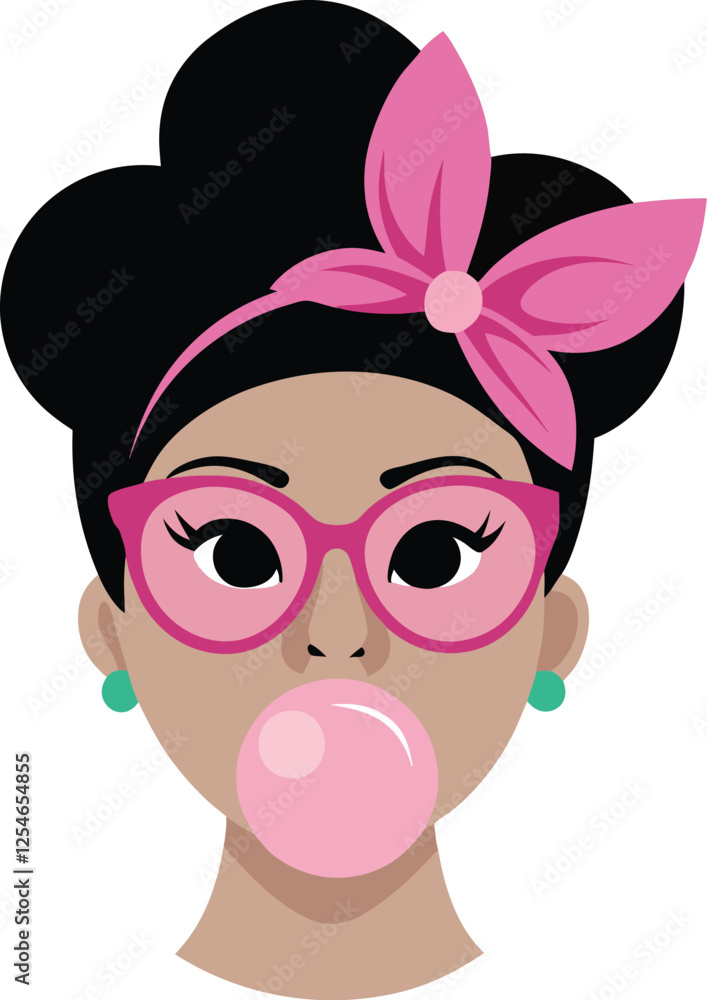 a woman's face a large pink bow on head and wearing pink glasses and blowing a pink bubble gum bubble with pink tongue vector, vector and illustration, vector style a woman's face a large pink bow on head and wearing pink glasses and blowing a pink bubble gum bubble with pink tongue vector, vector and illustration, vector style