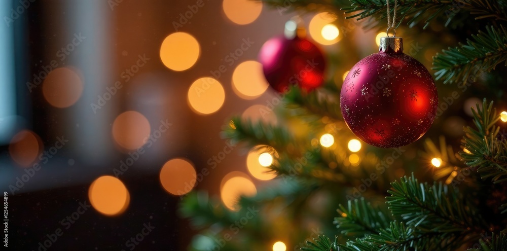 Warm bokeh lights dance around Christmas tree, colorful ornaments, twirling lights, sparkly ambiance Warm bokeh lights dance around Christmas tree, colorful ornaments, twirling lights, sparkly ambiance