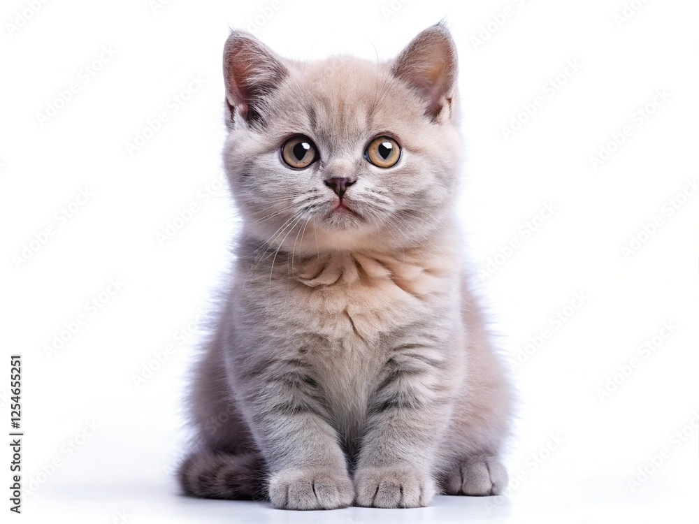 Obraz premium Adorable Lilac Tortie British Shorthair Kitten Posing on White Background