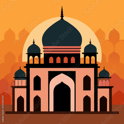A minimalist vector silhouette of a traditional Middle Eastern mosque with a large central dome."