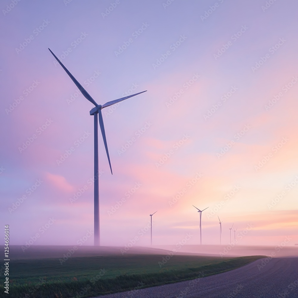 Serene Wind Farm Landscape at Dusk with Soft Pastel Sky and Foggy Field Renewable Energy Source Serene Wind Farm Landscape at Dusk with Soft Pastel Sky and Foggy Field Renewable Energy Source