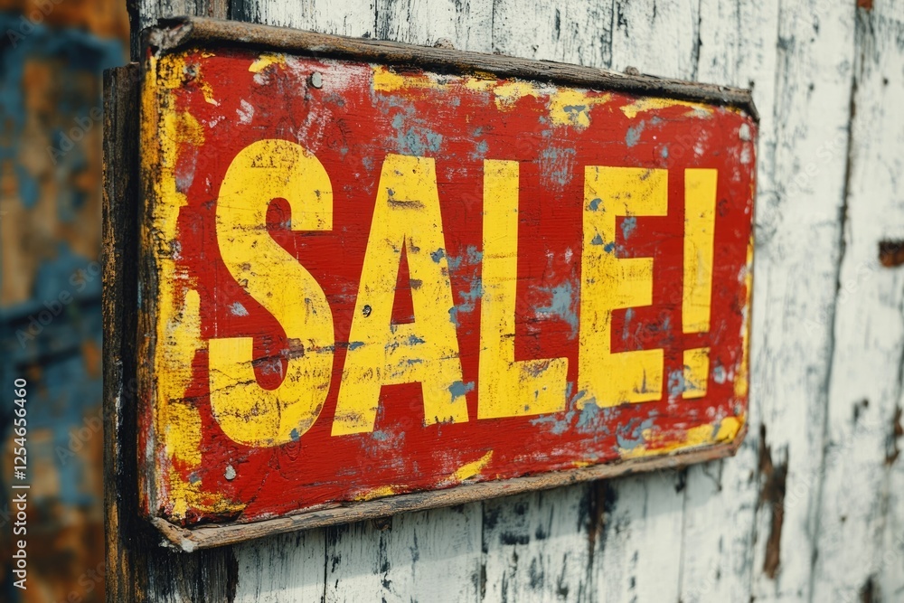 A weathered, red and yellow wooden sign announces a sale with bold lettering. A weathered, red and yellow wooden sign announces a sale with bold lettering.