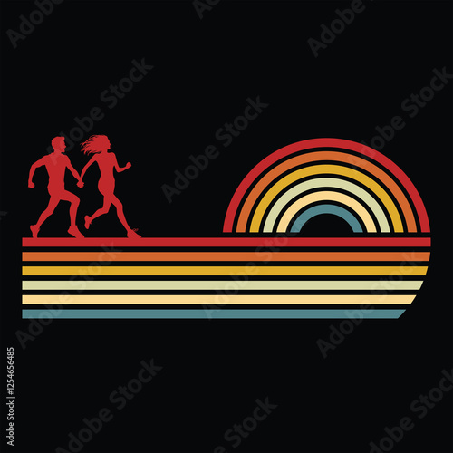 Romantic Couple Silhouette with Retro Sunset Illustration
