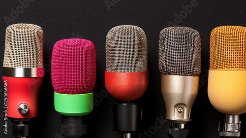 A vibrant array of colorful microphones lined up against a dark background, showcasing different styles and designs.
