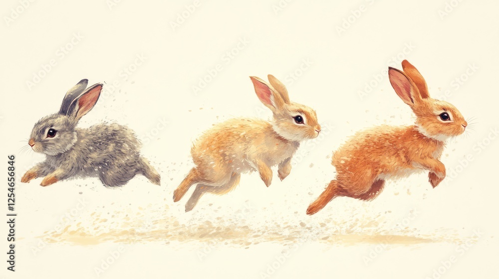 Obraz premium Three adorable bunnies leaping joyfully.