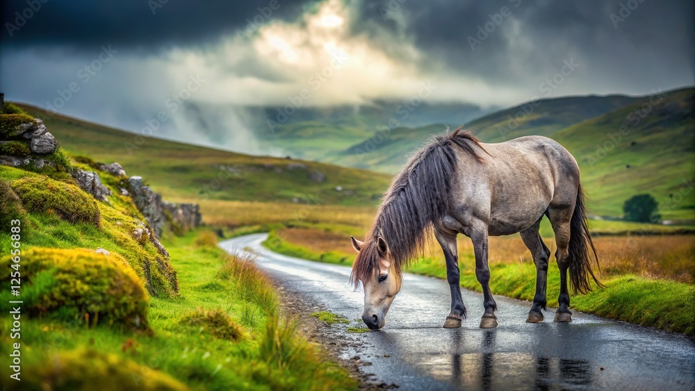 Connemara Pony Grazing in Irish Rain - Scenic Country Road