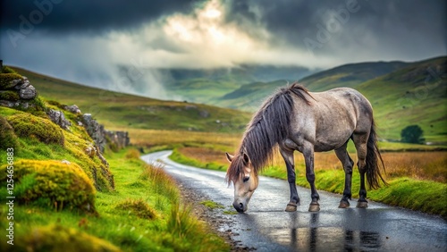 Obraz na płótnie Connemara Pony Grazing in Irish Rain - Scenic Country Road w salonie