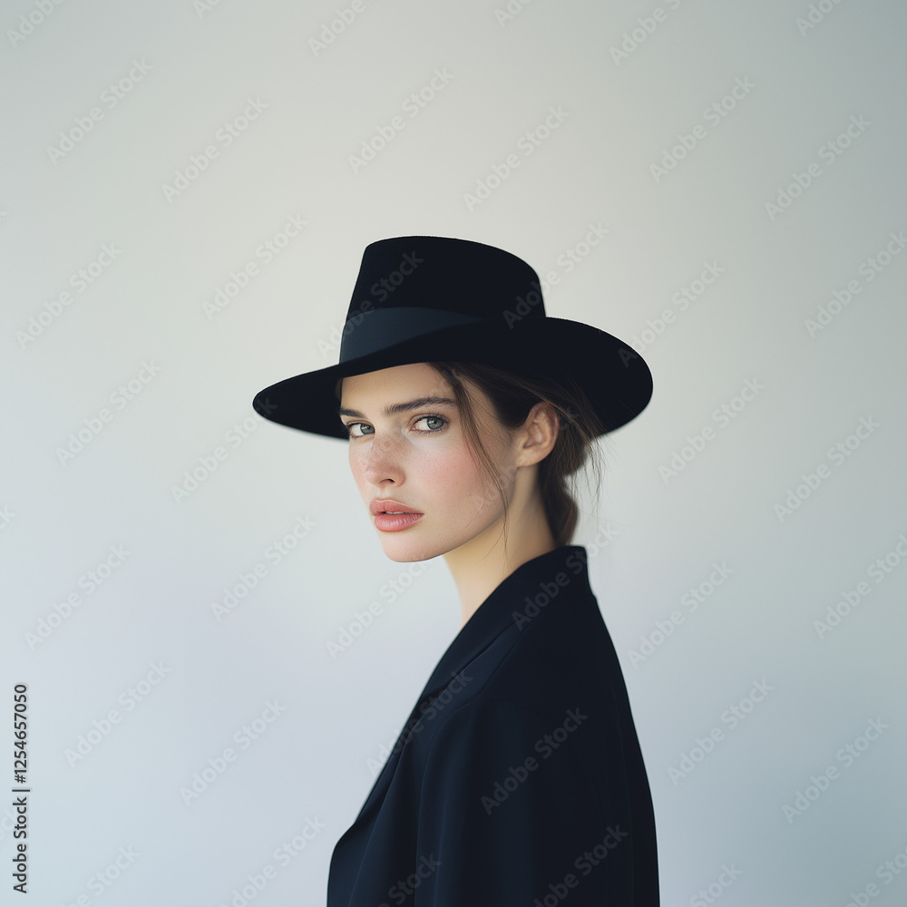 Beautiful woman, wearing a black hat, white background Beautiful woman, wearing a black hat, white background