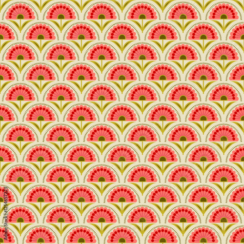 Seamless decorative flower motif in a classic geometric arrangement in red, green and cream tones. Perfect for textiles, wallpapers, and decorative applications.
