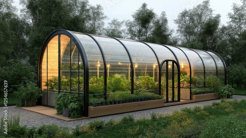 Modern greenhouse with lush plants and led lighting in tranquil garden setting photo