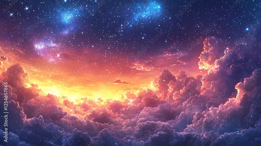 Fototapeta premium Vibrant sunset sky with a blend of orange and purple hues illuminating fluffy clouds