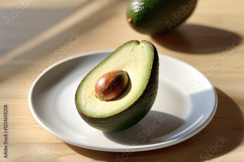 Ripe avocado on a white plate, placed on a rustic wooden table, healthy eating concept