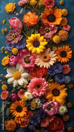 Vibrant floral arrangement featuring diverse blooms on a textured blue background, ideal for design